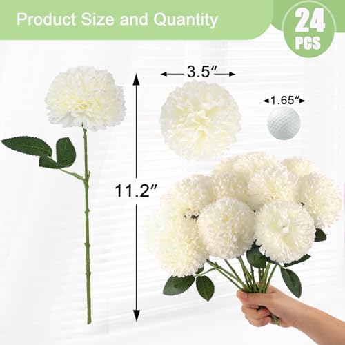 Hananona 24 Pcs Artificial Chrysanthemums Flowers Ball White Flower Bulk, Fake Mums Flowers Silk Plants for Home Decor Indoor Floral Arrangement Table Centerpiece (24, White)