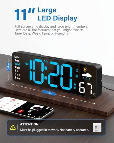 Digital Wall Clock, Digital Clock Large Display with Remote Control, Corded LED Alarm Clocks with Date, Week, Temp