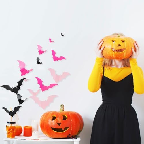 CCINEE 144pcs Pastel Halloween Bats Wall Decorations,PVC Waterproof Pink Black 3D Bat Stickers for Home Indoor Room Outdoor Summer Halloween Party Scene Decals Decoration