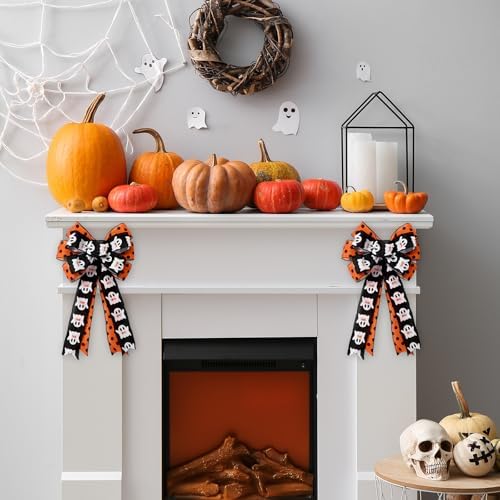 JarThenaAMCS Halloween Wreath Bow Ghost Boo Polka Dots Wired Edge Bow Black Orange Fabric Craft Bowknot for Front Door Tree Topper Indoor Outdoor Decor, 11 x 20.3 Inch