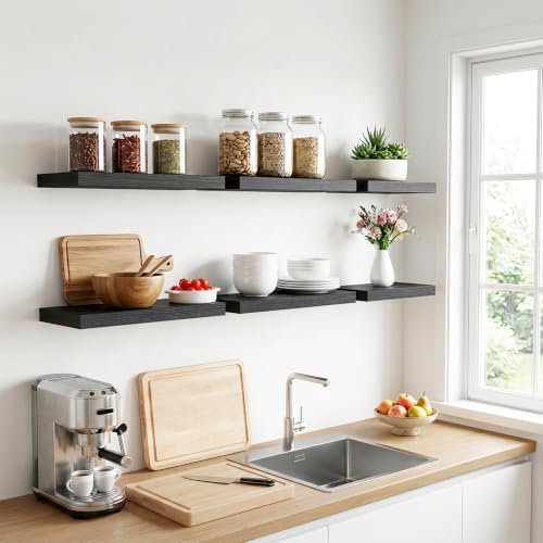 Fixwal Floating Wall Shelves for Decor (Black, Set of 6, 15.7 Inch)