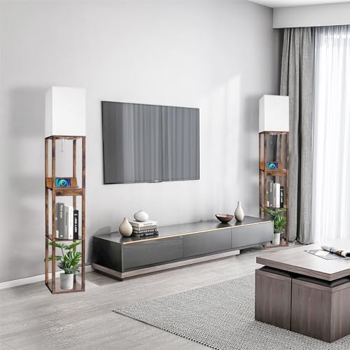 RUNTOP Floor Lamp with Shelves, Shelf Floor Lamp with Wireless Charger & 2 Charging USB Ports & Drawer, AC Outlet, 3