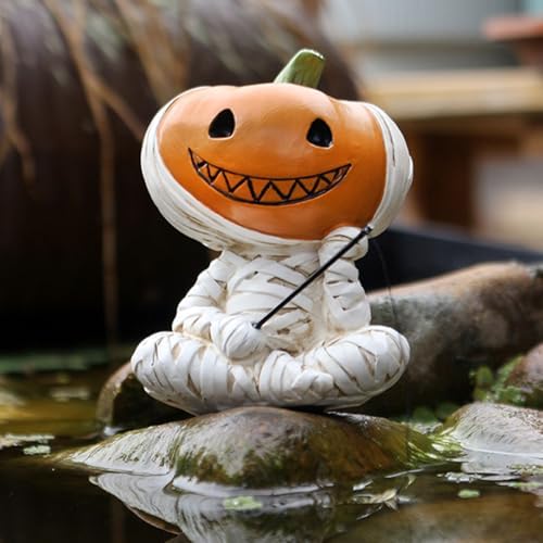 Fishing Pumpkin Head Mummy Statue Funny Halloween Decorations, 3.15 Inch Cute Sitting Figurine Shelf Sitter Resin Sculpture for Outdoor Garden Yard Lawn Pond Waterfalls Pool Ornaments