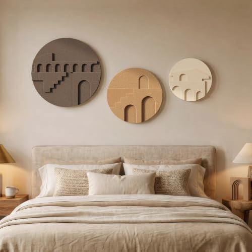 3D Textured Round Neutral Abstract Boho Wall Art for Living Room, 3 Piece