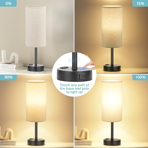 Fenmzee Beige Bedside Lamp for Bedroom, Dimmable Touch, USB A+C, AC Outlet
