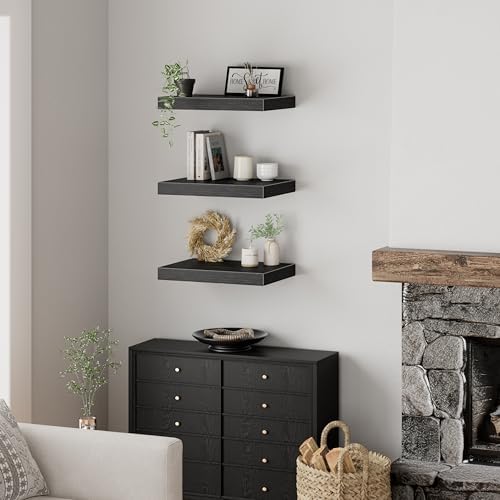 QEEIG 12" Deep Floating Projector Shelves Under TV Shelf (Black, Set of 3)