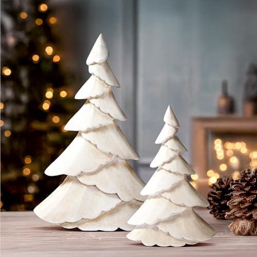 RM ROOMERS Wooden Christmas Tree Figurine Set of 2, White Tree Figurines