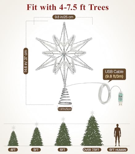 Luxspire Christmas Tree Topper, Lighted Star Tree Topper with USB Plug-in & Remote Control, 9.8" LED Metal Christmas Decorations Light, Xmas Trees Decor for Home Party, Crystal Hexagram-Silver