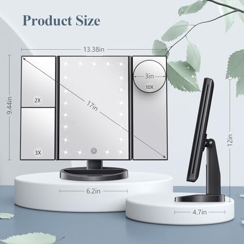 HUONUL 2X/3X/10X Magnifying Vanity Mirror with Light, Trifold Makeup Mirror