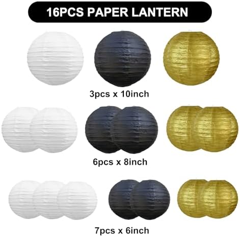 BEISHIDA Black Gold Paper Lanterns 16Pcs 6/8/10 Inch Round Chinese Lamp