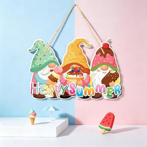 Summer Gnomes Welcome Door Sign 12" Ice Cream Gnome Wooden Hanging Sign Happy Ice CreamTropical Wall Art Decor, Farmhouse Home Door Porch Wall Decorations, Housewarming Summer Gift