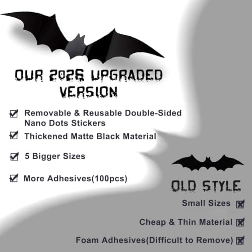 CESOF 70 Pcs Halloween Bats Wall Decor, 3D Matte Black DIY Reusable Sticker
