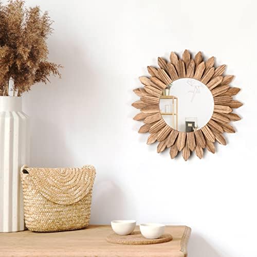 Honiway Wall Mirror Decorative 12 inch Rustic Wood Mirror Sunburst Boho Mirror for Entryway Bedroom Living Room