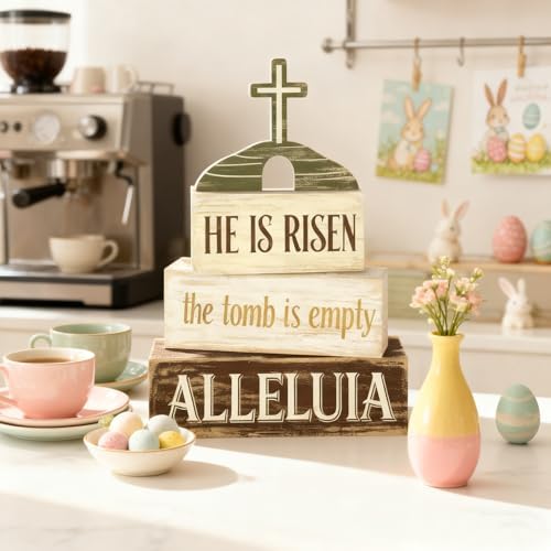 Easter Decorations - He Is Risen Tomb Cross Tiered Tray Decor - Religious Easter Wooden Tabletop Sign - Faith Farmhouse Easter Home Decor Indoor - Spring Home Decor for Living Room, Kitchen Counter, Seasonal Farmhouse Display