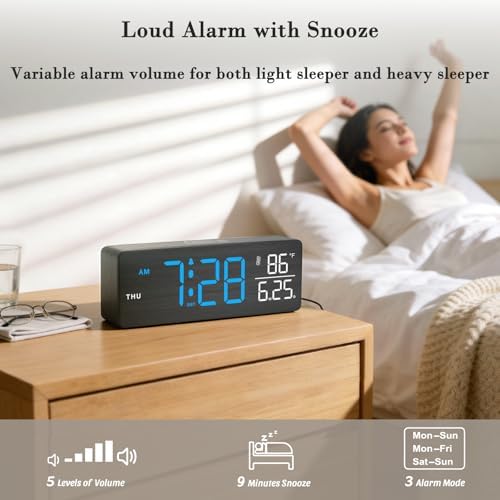 DreamSky Wooden Digital Alarm Clock with Date & Day of Week for Bedroom