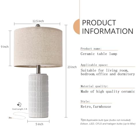 PoKat 23" Table Lamp, Farmhouse Bedside Lamps for Bedroom Set of 2, Ceramic End Table Lamps for Living Room