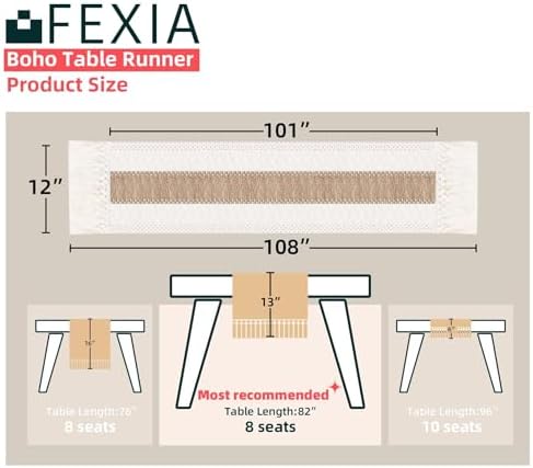 FEXIA Boho Table Runner for Fall Home Decor 12x108 Rustic with Tassels