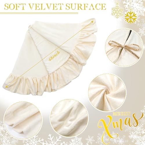 Velvet Christmas Tree Skirt, 48 Inches, Bow Style, Ivory White