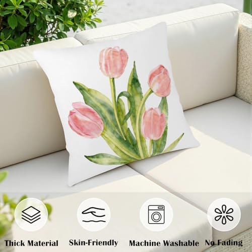 Spring Floral Pillow Covers 16x16 Set of 2 Pink Tulip Throw Pillow Covers Summer Flower Farmhouse Decorative Throw Pillows for Home Couch Sofa Bed Decor