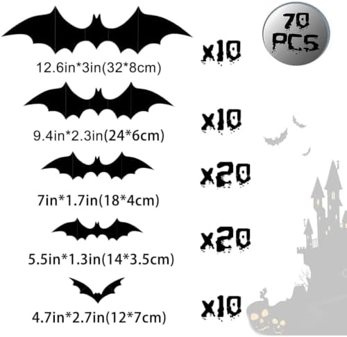 CESOF 70 Pcs Halloween Bats Wall Decor, 3D Matte Black DIY Reusable Sticker