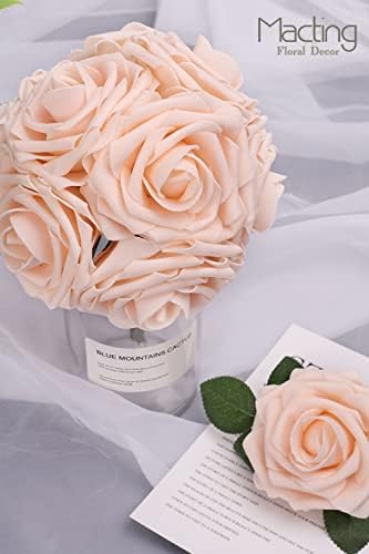 30PCS Champagne Artificial Roses with Stems, Real Touch Foam Flowers