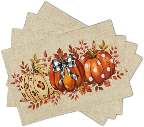 Fall Pumpkins Placemats Set of 6 18x12 Inch Autumn Thankful Linen Place Mats Heat-Resistant Washable Wipeable Thanksgiving Season Holiday Table Mat for Party Kitchen Dining Room Dinner Table Decor