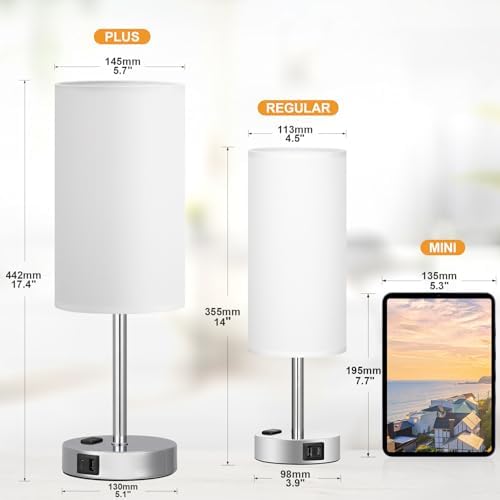 Fenmzee 17.4" White Lamp for Bedroom - Dimmable Touch, USB A+C, AC Outlet