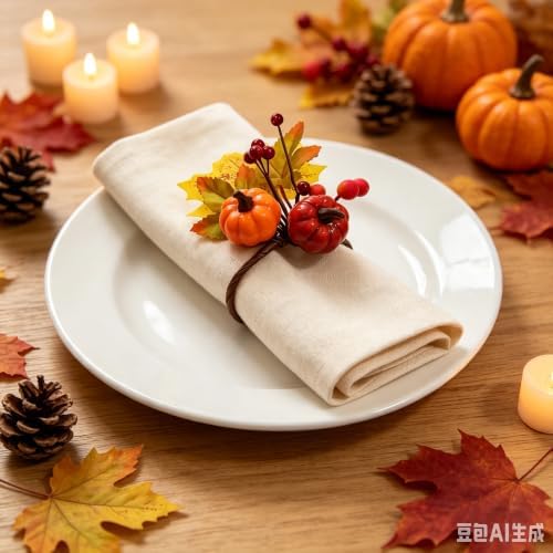 24 PCS Fall Napkin Rings Thanksgiving Napkin Rings Fall Napkin Holder Buckles with Maple Leaves Berries Autumn Harvest Table Decor for Dinner Party Banquet Wedding