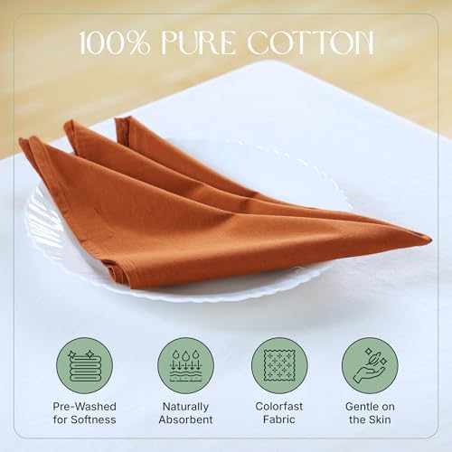Cloth Napkins Set of 12, 100% Cotton Dinner Napkins for Thanksgiving, Christmas & Fall Entertaining, Washable Reusable Table Linens for Wedding & Everyday Use, 18 x 18 Inch, Rust