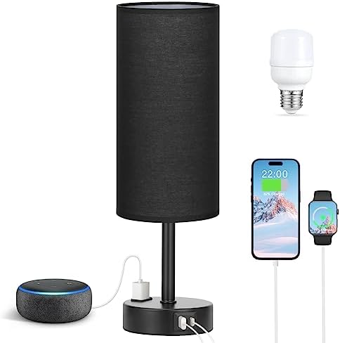 Fenmzee Black Bedside Lamp for Bedroom, Dimmable Touch, USB A+C, AC Outlet