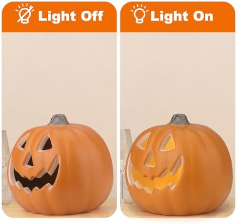 9" Jack-o'-Lantern - Halloween Light Up Pumpkin Lantern with ETL Certified Cord and 2 Safety Fuse - Indoor Outdoor JackoLantern Decoration for Halloween Party Home Décor - Round Lightened Pumpkin