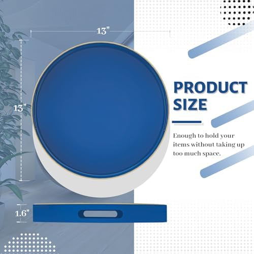 MAONAME 13" Blue Decorative Tray, Plastic Round Serving Tray with Handles