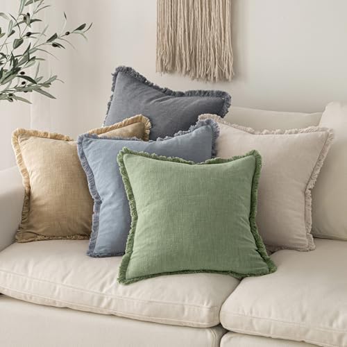 MIULEE Linen Fringe Decorative Euro Throw Pillow Covers Sage Green 24x24