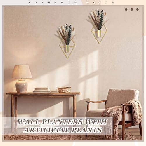 Jexine 2 Pcs Hanging Artificial Planters Wall Decor, Golden, Pampas