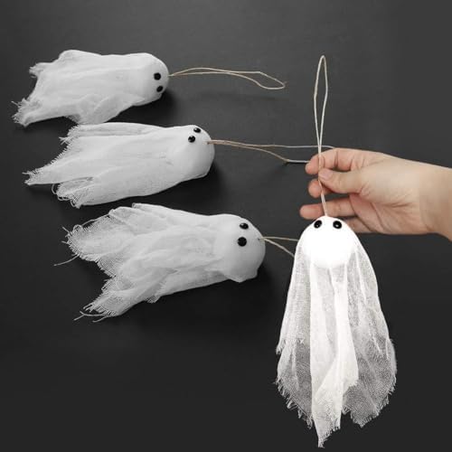 Decor365 Small Hanging Ghosts with White Creep Cloth and Black Eyes Summerween Party Decorations Classroom Living Room Outdoor Halloween Decorations Spooky Scary Ghost To Hang from Trees (Pack Of 12)