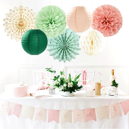 Sage-Green Pink-Beige Boho Party-Decorations Streamers - 14pcs Rustic Neutral Wedding Olive Paper Honeycomb Lanterns Fan,Birthday Baby Bridal Shower Engagement Decor Lasting Surprise