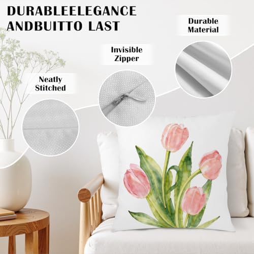Spring Floral Pillow Covers 16x16 Set of 2 Pink Tulip Throw Pillow Covers Summer Flower Farmhouse Decorative Throw Pillows for Home Couch Sofa Bed Decor