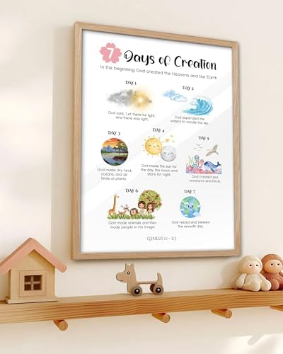 KensTro 12x16 Oak Framed 7 Days of Creation Christian Wall Art