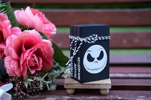Mini Black Halloween Tiered Tray Decor Wood Decorative Book Stack, Rustic Farmhouse Faux Books Bundle for Home Table Mantle Shelf Decoration Nightmare Before Christmas Sign