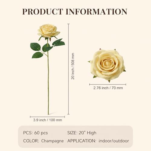 60 Pcs Champagne Velvet Artificial Roses Flowers Real Looking Silk Faux Roses Bulk Long Stems for Wedding Centerpieces,DIY Floral Arrangements,Home Decor,Anniversary,Valentine's Day