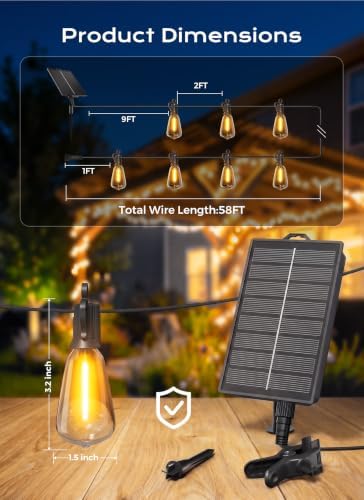 Brightown 58FT Solar String Lights Outdoor Waterproof, 26Hrs Runtime