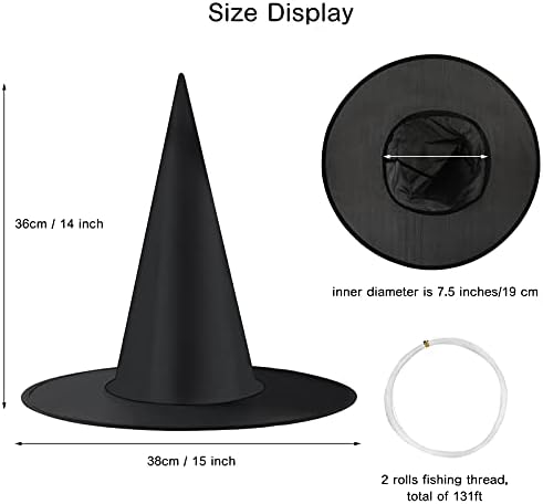 Witch Hat, 14 Pack Halloween Hanging Witch Hats with 200 Feet Hanging Rope, Witch Costume Accessory for Halloween Party Yard Decoration and Carnivals - Black