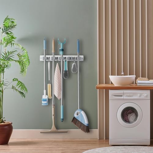 OUTNILI Mop and Broom Holder Wall Mount - White Broom Mop Hanger - Wall Mounted Garden Tool Rack Organizer for Closet
