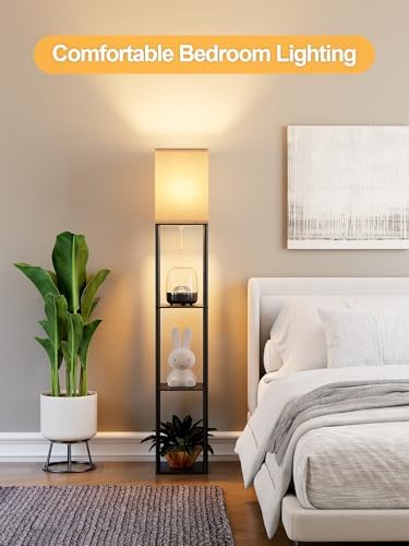 Floor Lamp with Shelves for Living Room, Shelf Floor Lamp with 3 CCT LED Bulb, Corner Display Standing Column Lamp