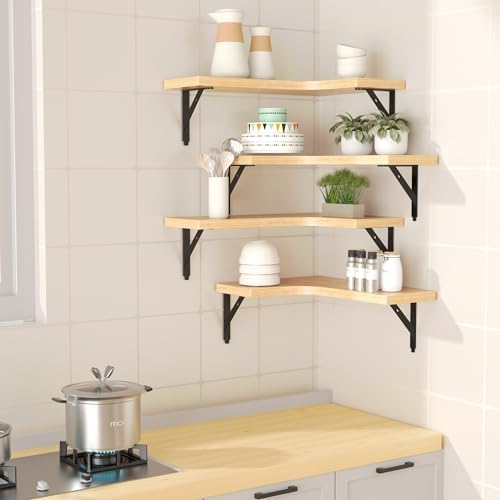 ROMGUAR CRAFT Corner Floating Shelves Wall Mounted Set of 4, Natural