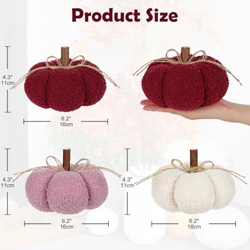6" Fake Fall Pumpkin Decorations for Home, 3 Pcs Artificial Big Fabric Pumpkins Autumn Decor Faux Pumpkins for Decorating, Fall Table Centerpiece Baby Shower, Halloween Thanksgiving, Burgundy & Pink