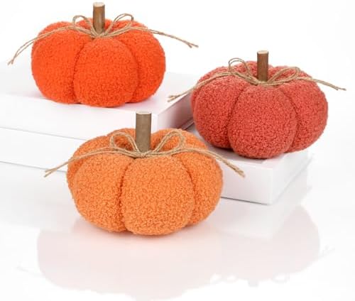6" Fake Fall Pumpkin Decorations for Home, 3 Pcs Artificial Big Fabric Pumpkins Autumn Decor Faux Pumpkins for Decorating, Fall Wedding Table Centerpiece Mantel Harvest Decor, Halloween, Thanksgiving