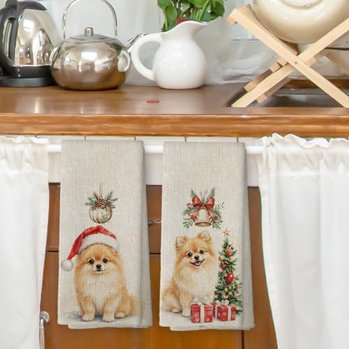 Pomeranian Christmas Tree Kitchen Dish Towels 16x24, Set of 2