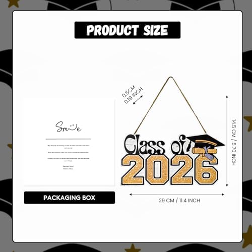 Smile Class of 2026 Graduation Wooden Door Hanger, Black & Gold Glittered Grad Cap & Diploma Front Door Sign for Graduation Party Decorations