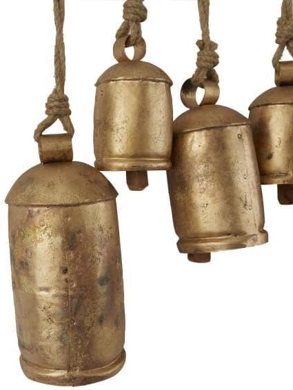 Deco 79 Metal Decorative Cow Bells Tibetan Inspired with 12 Bells on Jute Hanging Ropes and Rod, 48" x 6" x 20", Gold